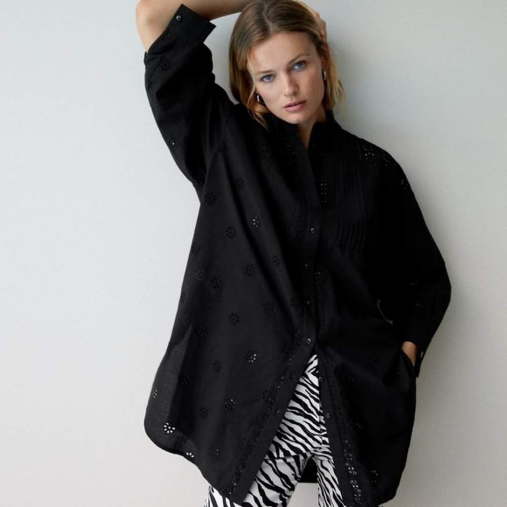 ZARA OVERSIZED EMBROIDERED EYELET SHIRT - Picture 6 of 6